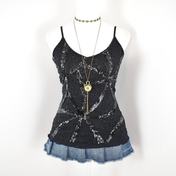 Witchy 00s Y2K Black Multilayered Sheer Mesh Floral Sequined & Beaded Cami Top - Picture 1 of 5